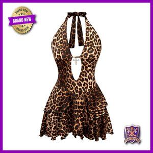 Plus Size Halter Mini Dress Backless Deep V Neck Ruffle Tiered Gothic